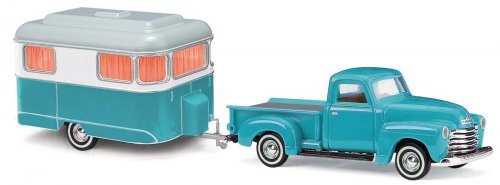 1950 Chevrolet Pickup Truck with Nagetusch Camper Trailer - Assembled -- Teal, HO, Busch Gmbh & Co Kg 48243