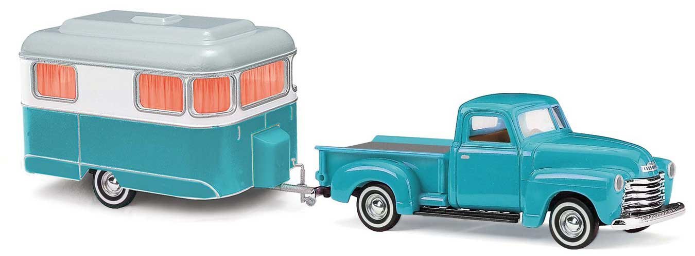 1950 Chevrolet Pickup Truck with Nagetusch Camper Trailer - Assembled -- Teal, HO, Busch Gmbh & Co Kg 48243