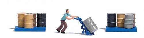 Man with Barrel Cart Miniature Scene -- Man with Barrel Cart, 9 Steel Drums, 2 Barrel Platform, HO, Busch Gmbh & Co Kg 7842