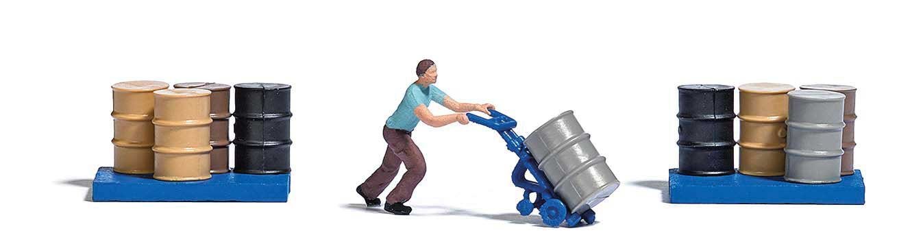 Man with Barrel Cart Miniature Scene -- Man with Barrel Cart, 9 Steel Drums, 2 Barrel Platform, HO, Busch Gmbh & Co Kg 7842