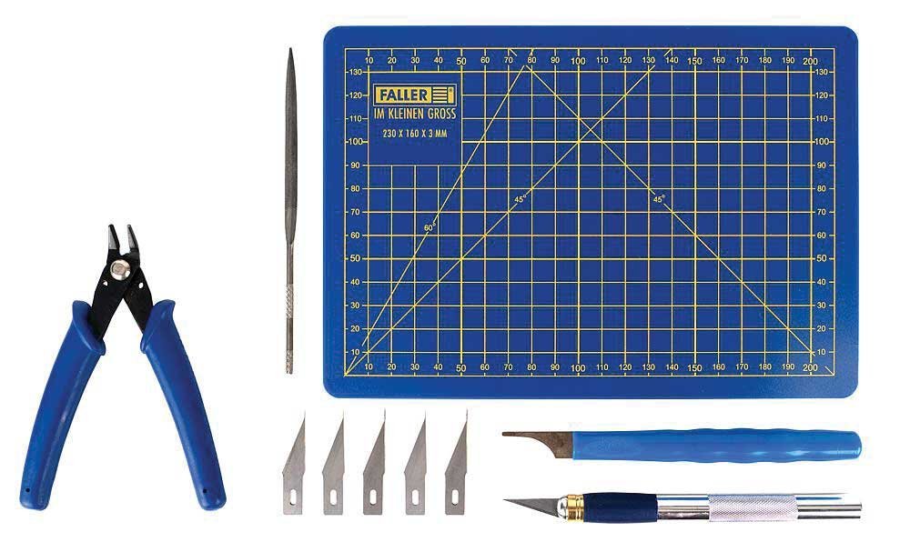 Model Building Tool Starter Set -- Sprue Cutter, Hobby Knife w/5 Blades, File, Cutting Mat, Deburri, HO, Faller Gmbh 170560