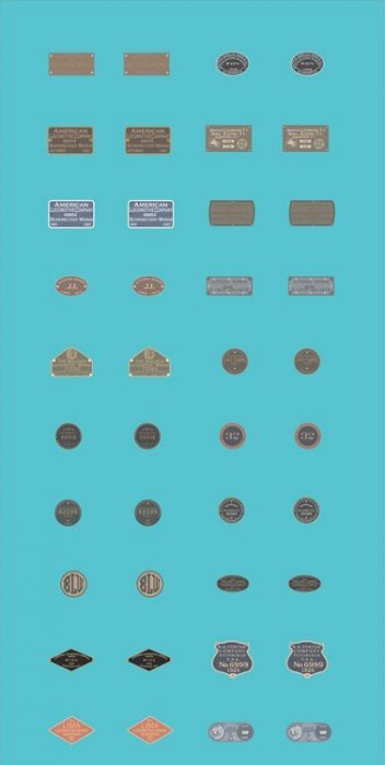 Railroad Decal Set -- 20 Assorted Pairs of Raised-Print Builders Plates, HO, Tichy Train Group 10183