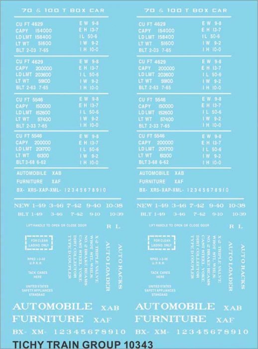 Railroad Decal Set -- Generic 50′ 70- & 100-Ton Steel Boxcar Data (White Lettering), HO, Tichy Train Group 10343