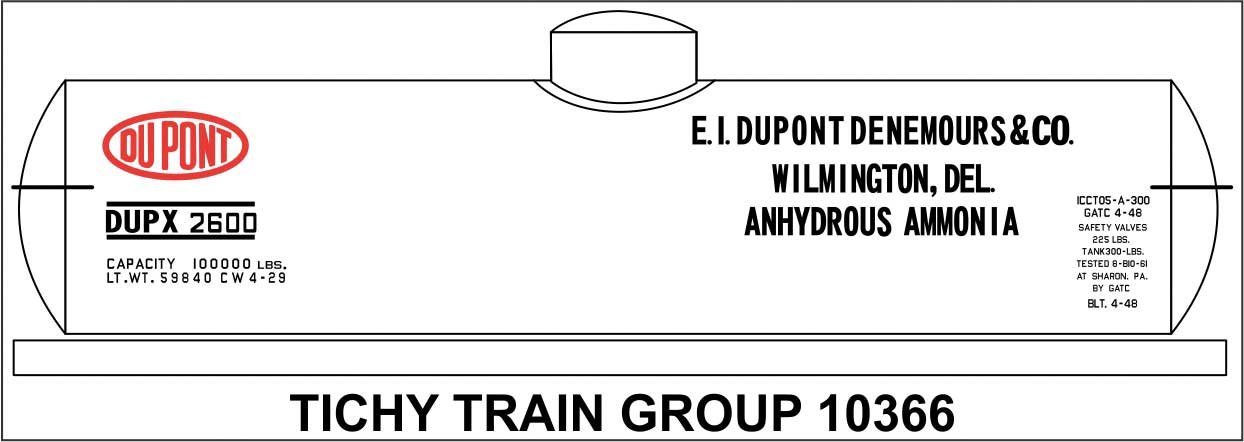 Railroad Decal Set -- DuPont Chemical DUPX Tank Car (white car, Anhydrous Ammonia), HO, Tichy Train Group 10366