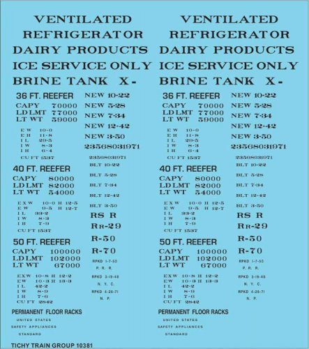 Railroad Decal Set -- Generic 36`, 40` and 50` Refrigerator Car - Reefer Data (black lettering, HO, Tichy Train Group 10381