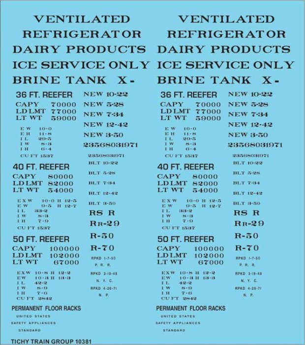 Railroad Decal Set -- Generic 36`, 40` and 50` Refrigerator Car - Reefer Data (black lettering, HO, Tichy Train Group 10381