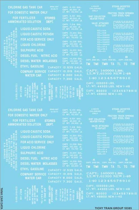 Railroad Decal Set -- Generic Tank Car Data (white lettering), HO, Tichy Train Group 10385