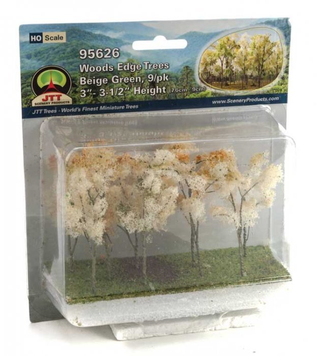Woods Edge Trees -- Beige-Green 3 to 3-1/2′ pkg(9), All Scales, JTT Miniature Tree 95626