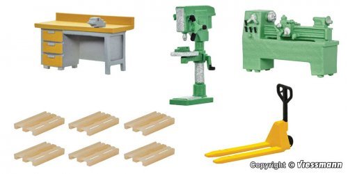 Workshop Interior Details - Kit -- Lathe, Drill Press, Workbench, 6 Pallets, Pallet Jack, N, Kibri 37495