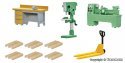 Workshop Interior Details - Kit -- Lathe, Drill Press, Workbench, 6 Pallets, Pallet Jack, N, Kibri 37495