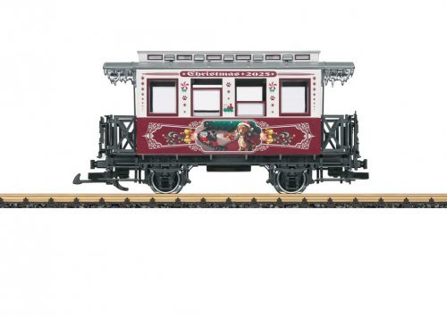Wooden 2-Axle Passenger Car - Ready to Run -- 2025 Christmas Car (white, red, silver, Dog w/Train Scene), G, LGB 36025