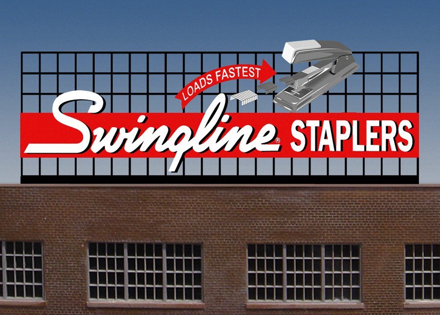 Swingline Staplers Animated Neon Billboard -- Large for HO & O Scales - 6-7/8 x 2-11/1, All Scales, Micro Structures 883401