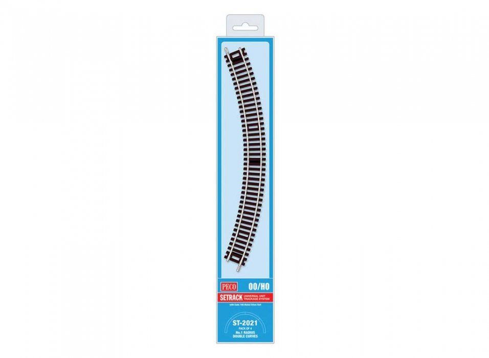 Code 100 Nickel Silver Double 45 Degree Curved Section - Setrack -- 14-5/8′ 37.1cm (1st) Radius pkg(4), HO, Peco ST2021