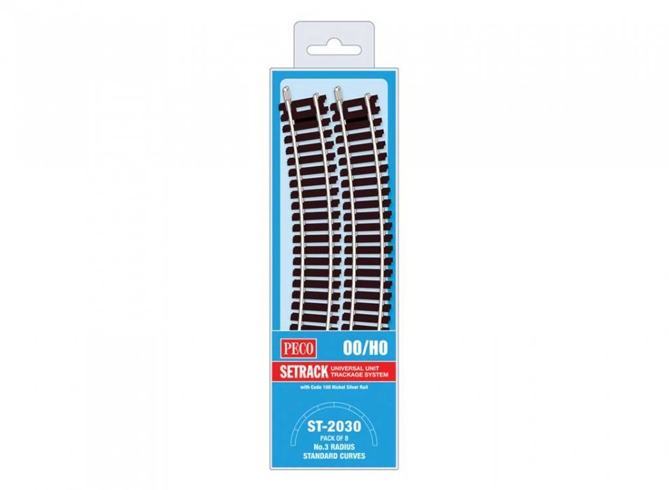 Code 100 Nickel Silver Standard 22.5 Degree Curved Section - Setrack -- 19-7/8′ 50.5cm (3rd) Radius pkg(8, HO, Peco ST2030