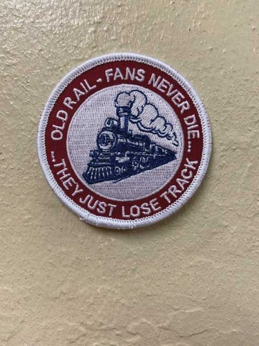Cloth Patch -- Old Rail Fans Never, All Scales, Brooklyn Peddler 12