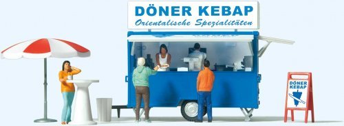 Kebab Concession Trailer with Accessories -- German Lettering, HO, Preiser Kg 10747