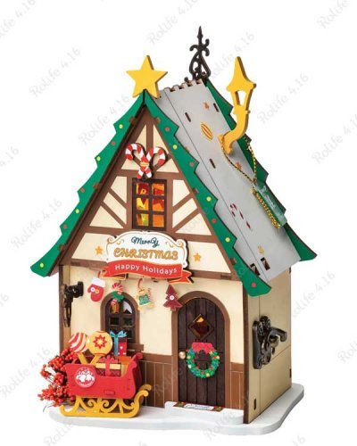 Rolife Twinkling Christmas House DS036 -- 3-D Laser-Cut Wood Puzzle, All Scales, Robotime DS036