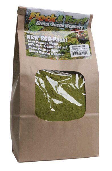 Flock & Turf Ground Cover ECO-Pak - 48oz 1.4L -- Fine - Light Green, All Scales, Scenic Express 801E