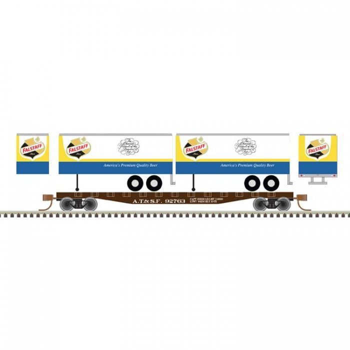 50` Piggyback Flatcar w/Two 24` Trailers - Ready to Run -- Santa Fe 95763 (Falstaff Trailers white, b, N, Trainman 50006506