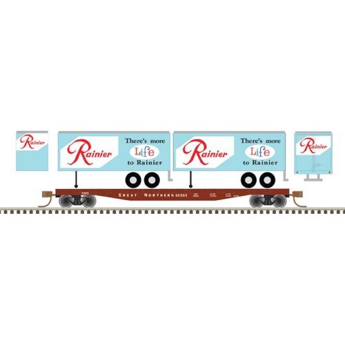 50` Piggyback Flatcar w/Two 24` Trailers - Ready to Run -- Great Northern 60220 (Rainier Trailers, bl, N, Trainman 50006514