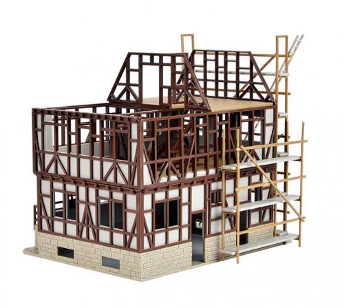 Half-Timbered House Under Construction -- Kit - 4-3/4 x 3-15/16 x 4-1/2′ 12 x 10 x 11.5cm, HO, Vollmer Gmbh 46889