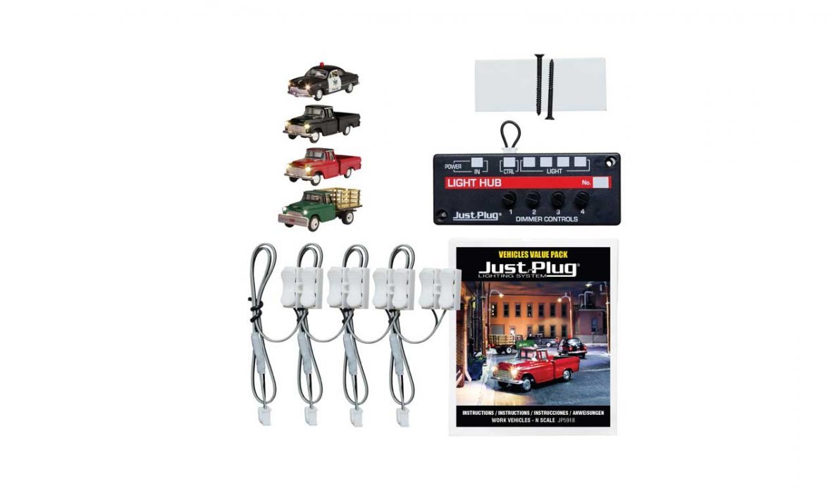 Work Vehicles - Just Plug Value Pack -- 1 Each: Police Car, Work Truck, Green Pickup, Henry Haule, N, Woodland Scenics 5918