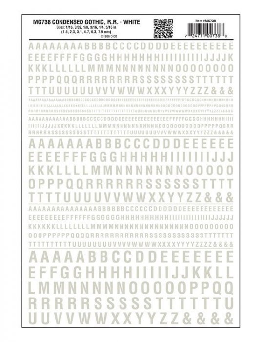 Dry Transfer Alphabet & Numbers - Condensed Railroad Gothic -- White, All Scales, Woodland Scenics 738