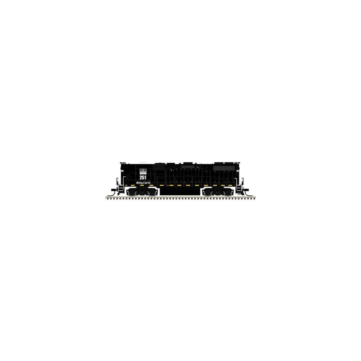 EMD GP38-2 High Nose - Standard DC - Master Silver -- Wheeling & Lake Erie 251 (black, white, yellow frame stripes), N, Atlas Mo