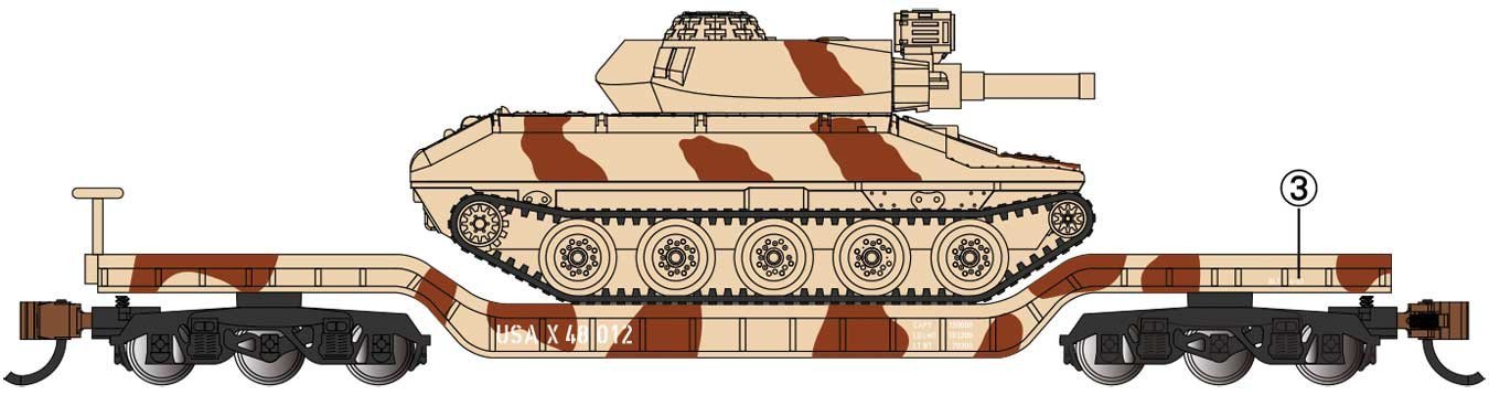 52′ Deressed-Center Flatcar with Sheridan Tank - Ready to Run -- United States Army (Desert Camouf, N, Bachmann Industries 713