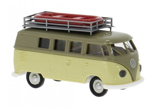 1962 Volkswagen T1b Passenger Van with Roof Rack - Assembled -- Khaki, Beige, HO, Brekina Automodelle 31638