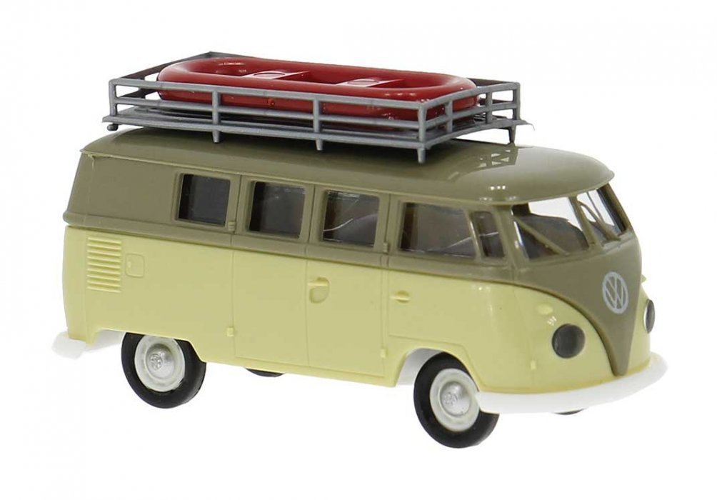 1962 Volkswagen T1b Passenger Van with Roof Rack - Assembled -- Khaki, Beige, HO, Brekina Automodelle 31638