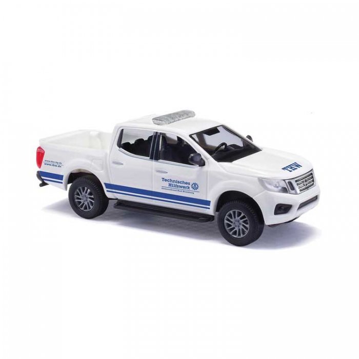 2015 Nissan Navara/Frontier Crew-Cab Pickup Truck - Assembled -- THW (white, blue, German Let, HO, Busch Gmbh & Co Kg 53723