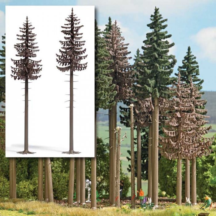 Dead Spruce Trees -- 18 & 19cm Tall pkg(2), All Scales, Busch Gmbh & Co Kg 6168