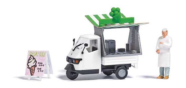 Soft-Serve Ice Cream Truck - Action Set -- Piaggio Ape Sales Truck, Canopy, Figure, Sign and T, HO, Busch Gmbh & Co Kg 7991