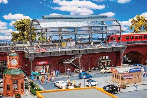Double-Track Elevated Urban Train Station with Glass Train Shed -- Kit - 14-3/16 x 7-7/8 x 7-13/16′, HO, Faller Gmbh 120580