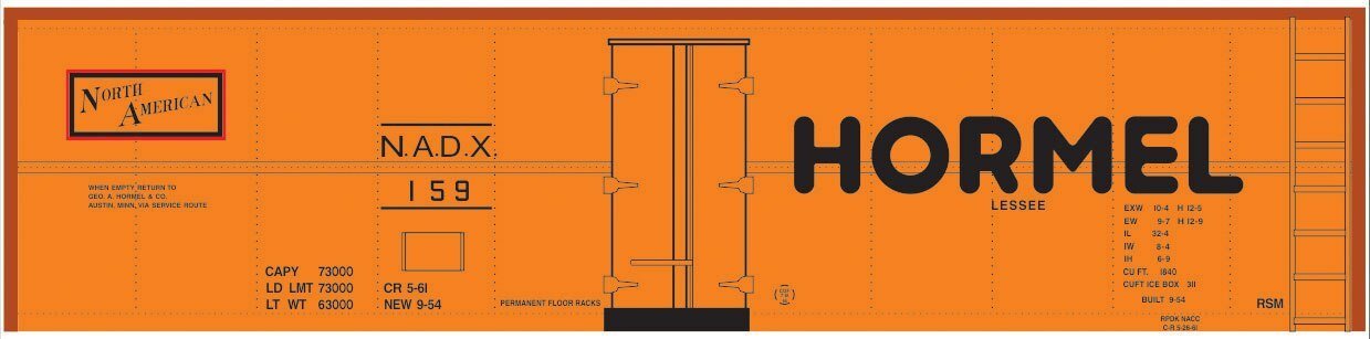 Railroad Decal Set -- Hormel NADX 40′ Steel Reefer (orange Car, Medium Hormel, North American , HO, Tichy Train Group 10219