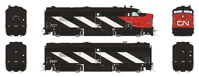 MLW FPA-4, FPB-4 Set - Sound and DCC -- Canadian National 6792, 6869 (Stripes, black, white, red, Noodle Logo), HO, Rapido Train