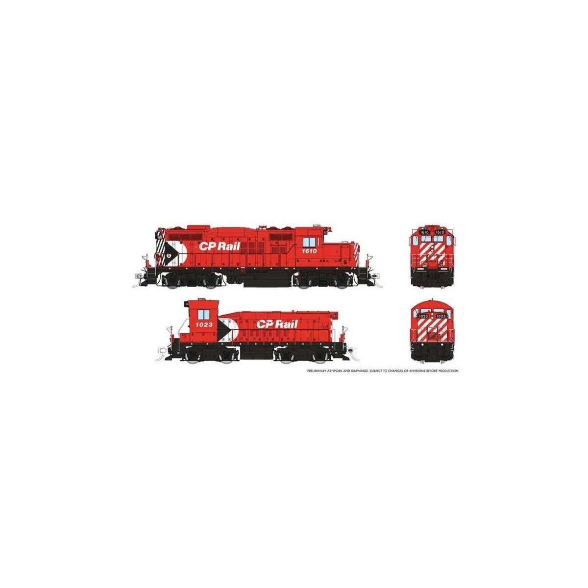 GP9u & SW Slug Set - Standard DC -- Canadian Pacific 1610, 1023 (Action Red, white, black, Multimark Logo), HO, Rapido Trains In