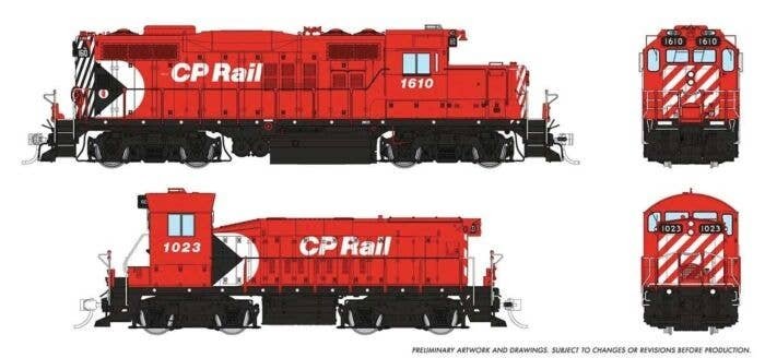 GP9u & SW Slug Set - Standard DC -- Canadian Pacific 1610, 1023 (Action Red, white, black, Multimark Logo), HO, Rapido Trains In