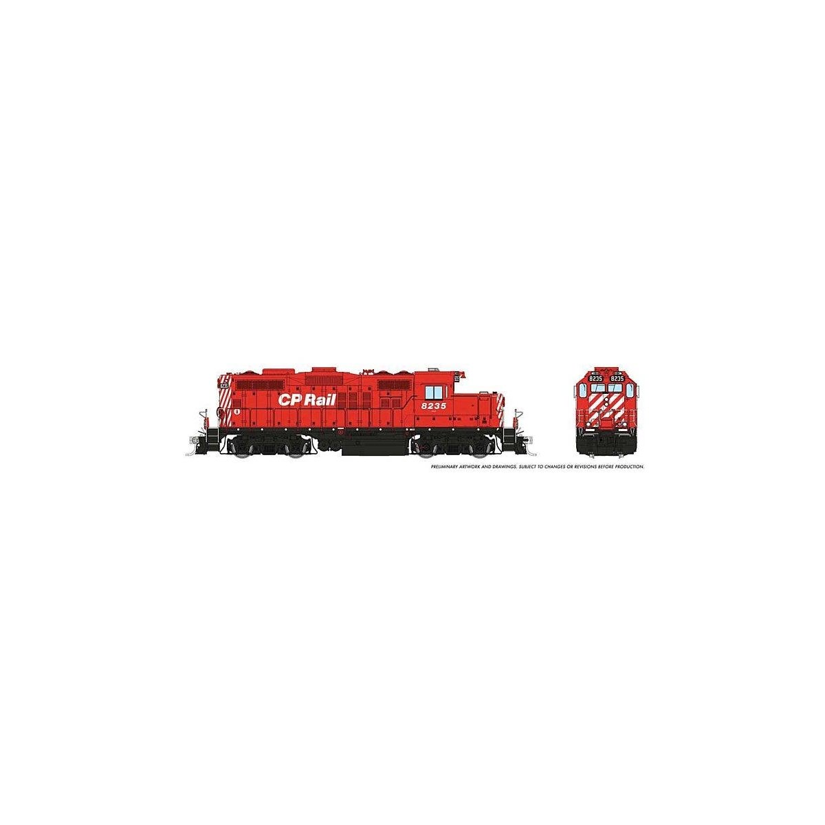GP9u Low-Nose Rebuild - Standard DC -- Canadian Pacific 8235 (Action Red, white, black), HO, Rapido Trains Inc 54512