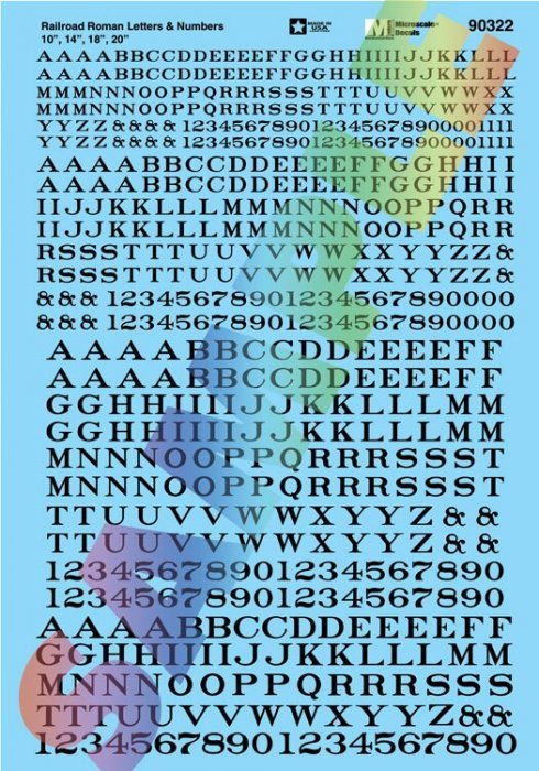 Alphabet Decal Set -- Railroad Roman Letters & Numbers 10, 14, 18, 20′ (black), HO, Microscale Industries Inc 90322