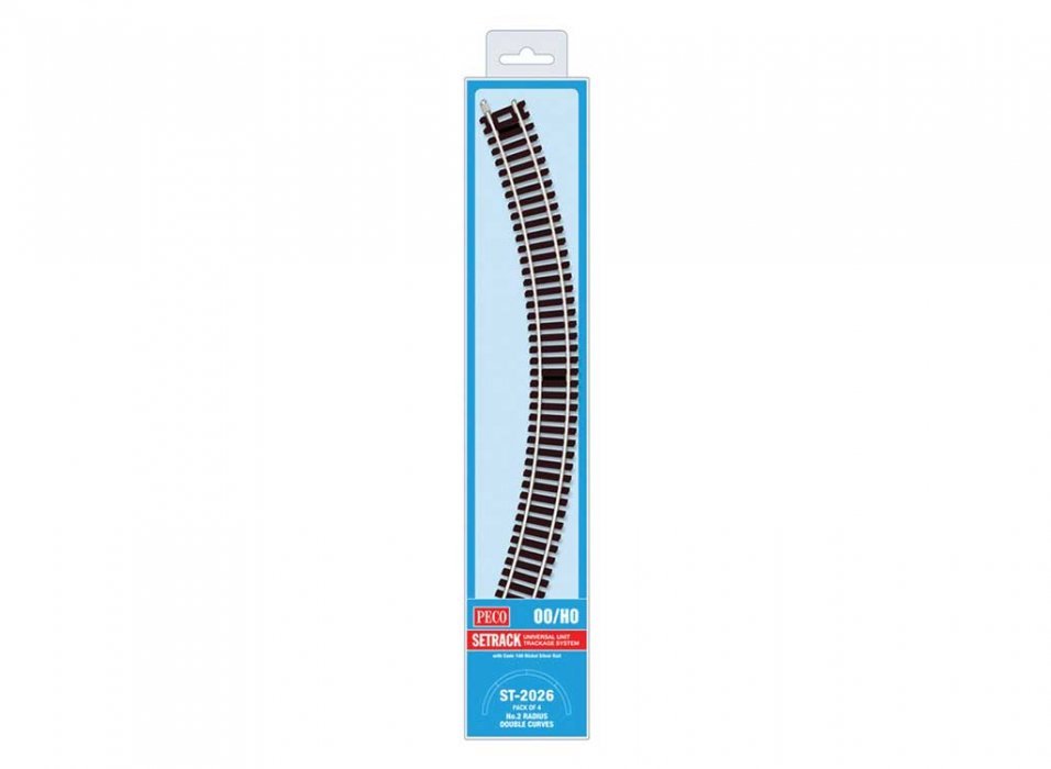 Code 100 Nickel Silver Double 45 Degree Curved Section - Setrack -- 17-1/4′ 43.8cm (2nd) Radius pkg(4), HO, Peco ST2026