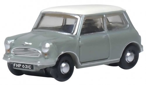 1959 Austin Mini - Assembled -- Tweed Gray, Old English White, N, Oxford Diecast NMN009