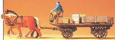 Horse-Drawn Wagon -- Flatbed Wagon w/Driver, Horses & Cargo, HO, Preiser Kg 30434