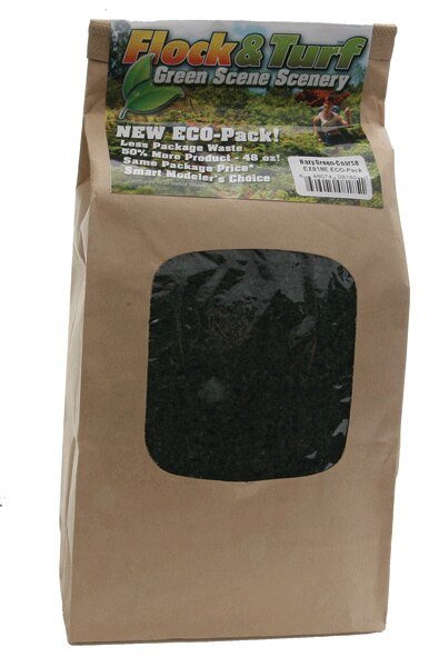 Flock & Turf Ground Cover ECO Pack Bag - 48oz 1.4L -- Coarse - Hazy Green, All Scales, Scenic Express 818E