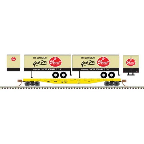 50` Piggyback Flatcar w/Two 24` Trailers - Ready to Run -- Texas Transportation Co. 107 (Pearl Traile, N, Trainman 50006512