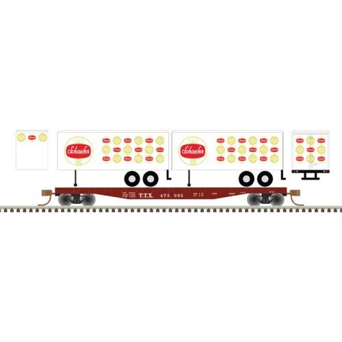 50` Piggyback Flatcar w/Two 24` Trailers - Ready to Run -- TTX 475144 (Schaefer Trailers, white, red,, N, Trainman 50006516
