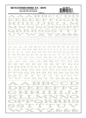 Dry Transfer Alphabet & Numbers - Extended Railroad Roman -- White, All Scales, Woodland Scenics 716
