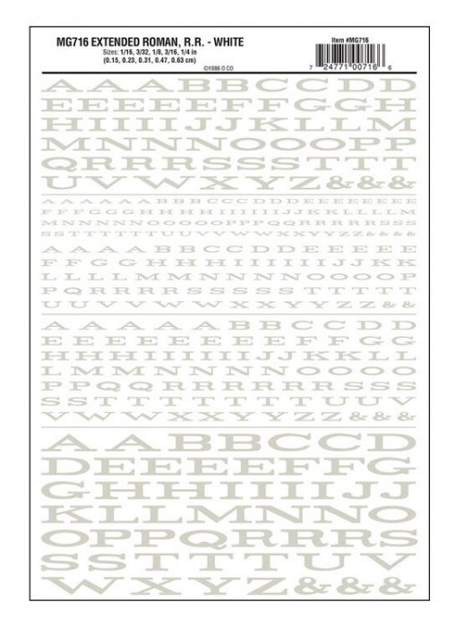 Dry Transfer Alphabet & Numbers - Extended Railroad Roman -- White, All Scales, Woodland Scenics 716