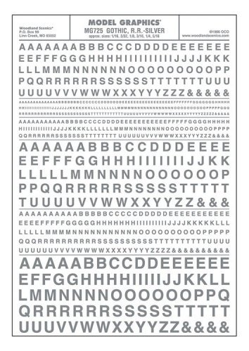 Dry Transfer Alphabet & Numbers - Railroad Gothic -- Silver, All Scales, Woodland Scenics 725